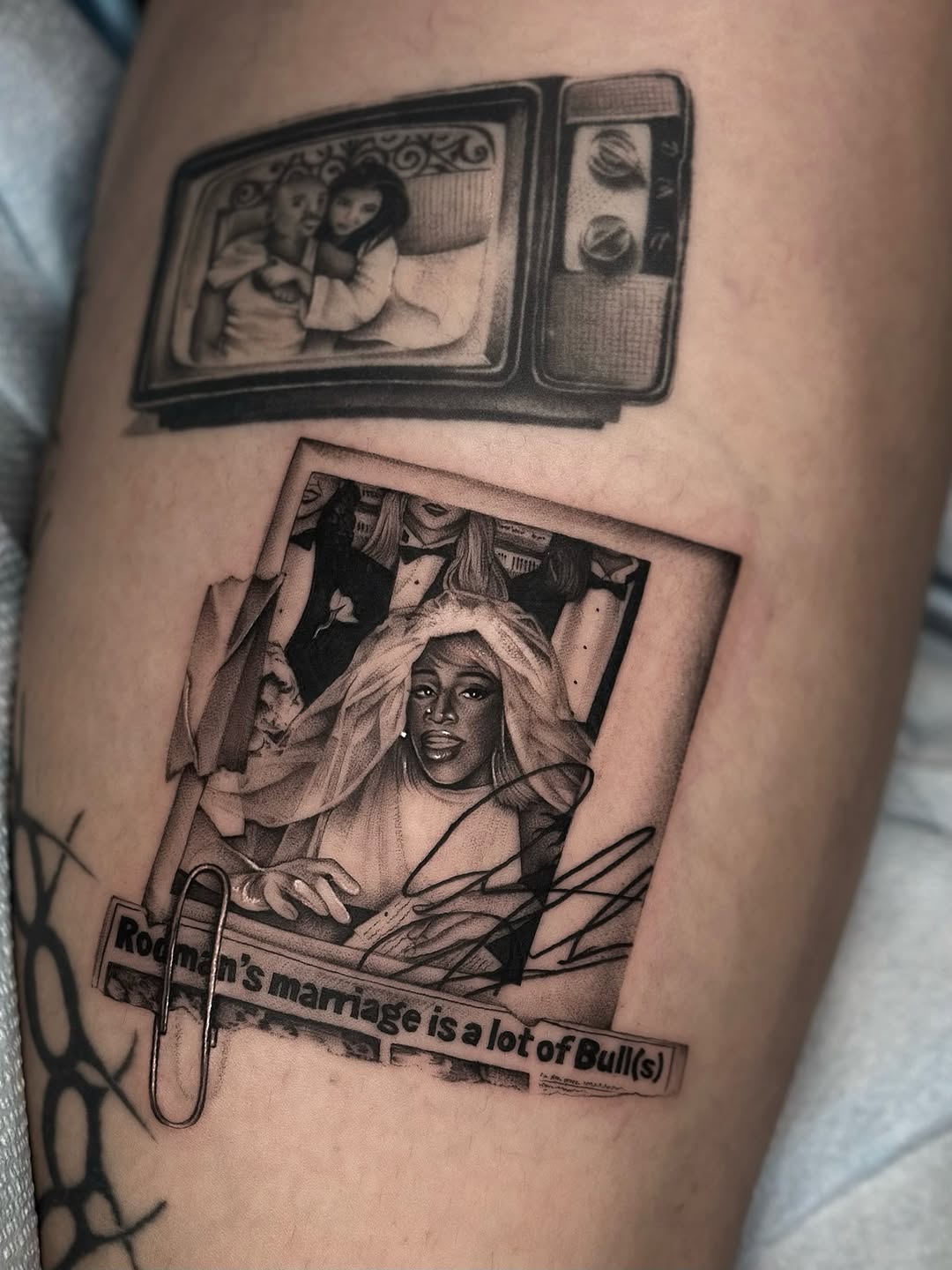 Duo-panel black-and-gray collage with vintage TV scene