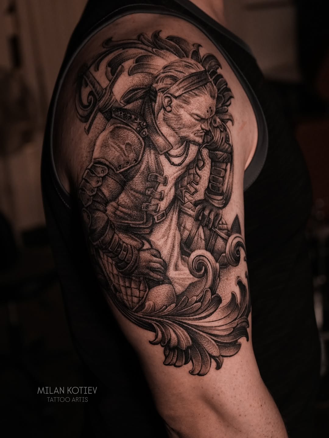 Bold black-and-gray warrior with oversized weapon