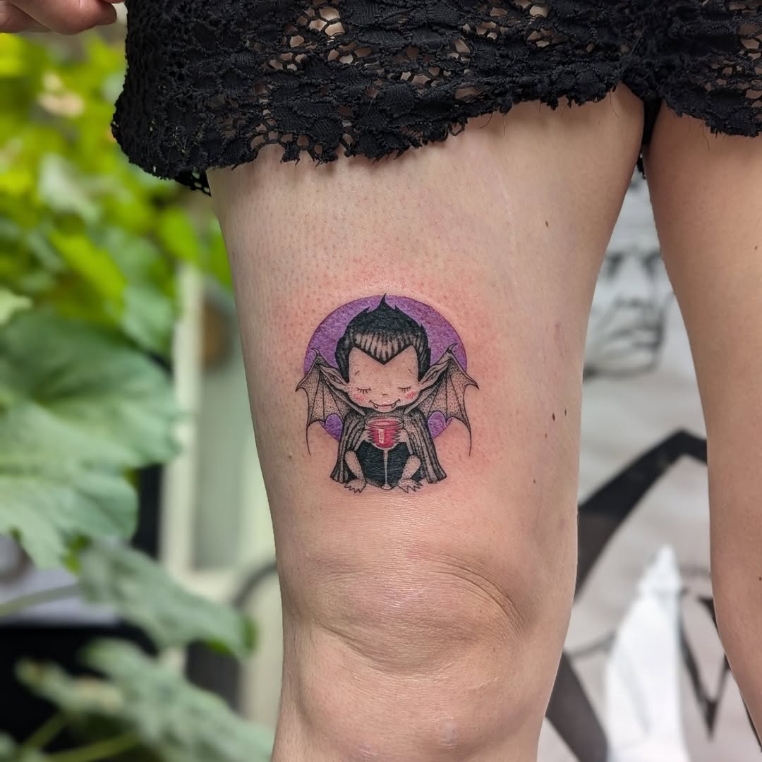 Adorable chibi Dracula bat with purple halo