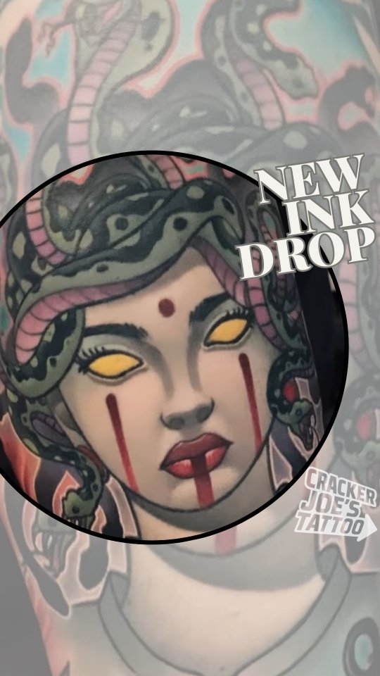 Medusa head with serpents, piercing yellow eyes, bold lines