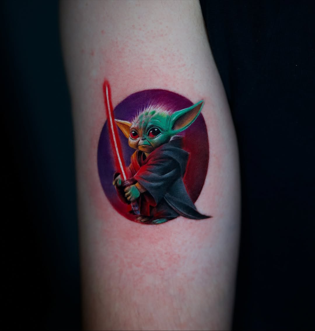 Vivid Grogu portrait with neon halo and lightsaber