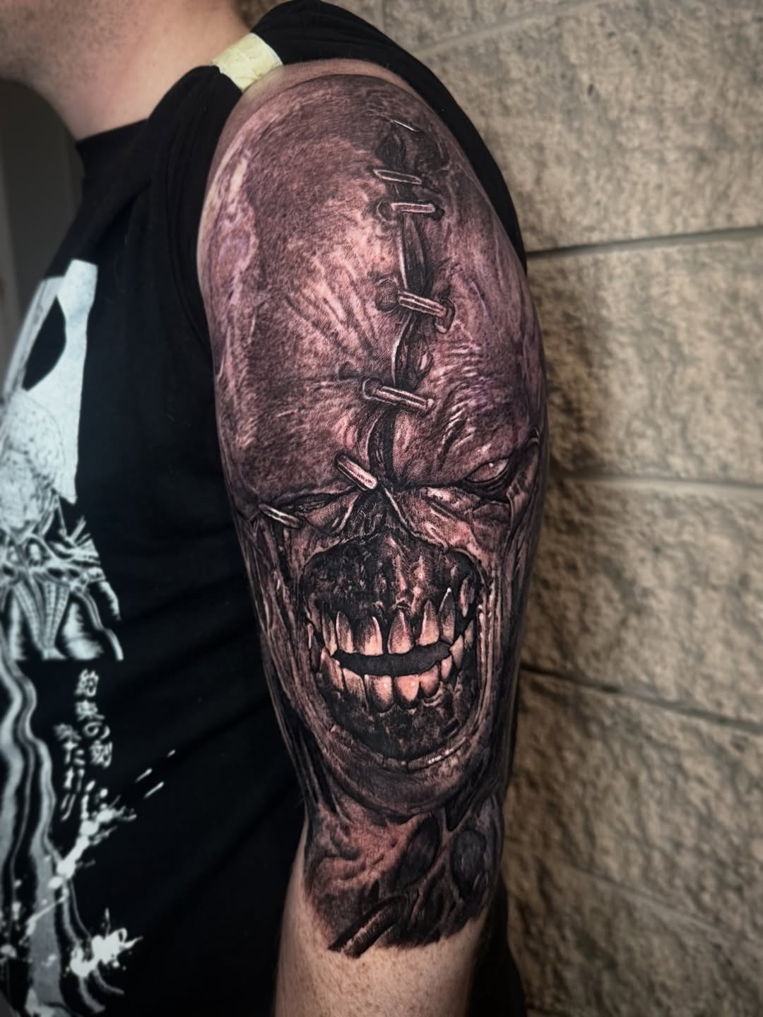 Hyper-detailed Nemesis horror portrait with stitched details