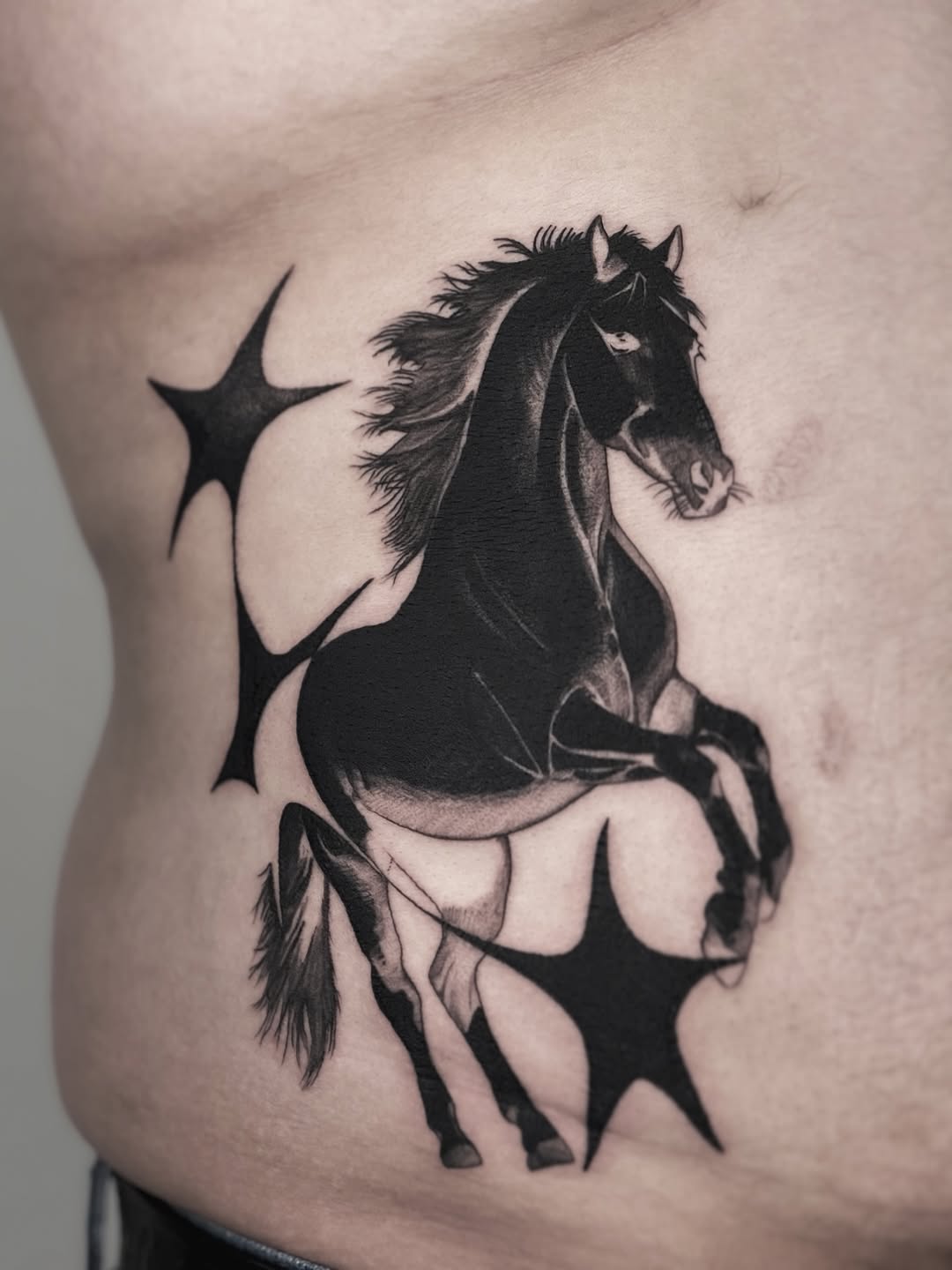 Powerful blackwork horse silhouette with flowing mane
