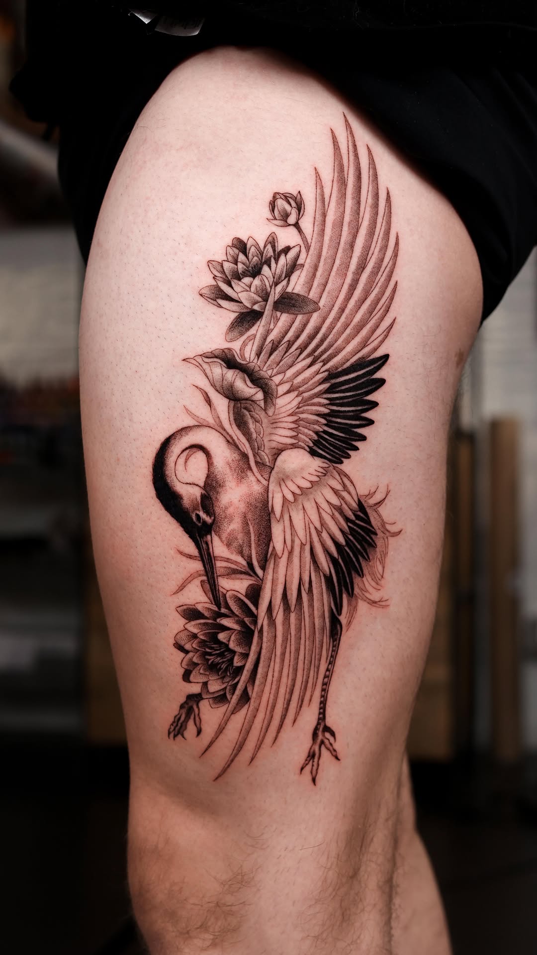 Graceful crane in flight with lotus blossoms