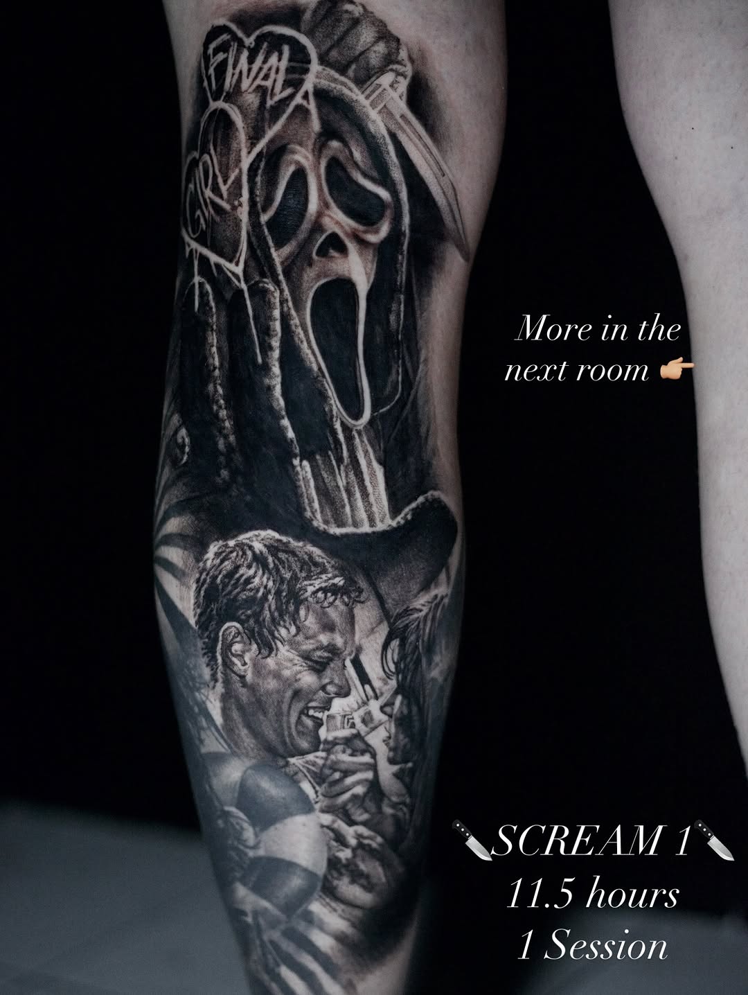 Dark, highly detailed black-and-gray horror sleeve with Ghostface