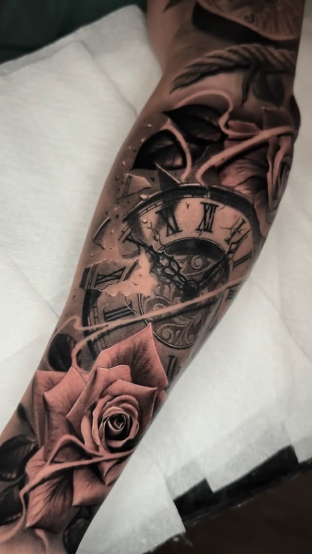 Hyper-detailed grayscale roses entwined with a vintage clock