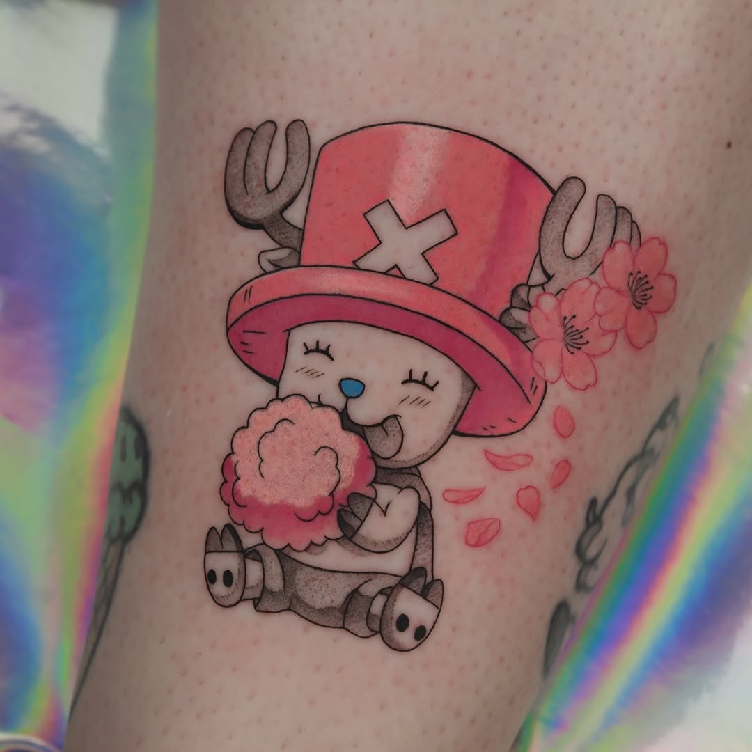 Chibi Chopper-inspired reindeer with pink hat, cotton candy