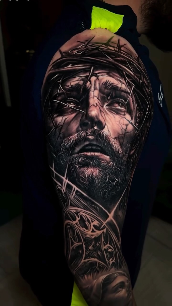 Hyperrealistic grayscale Jesus portrait with crown of thorns