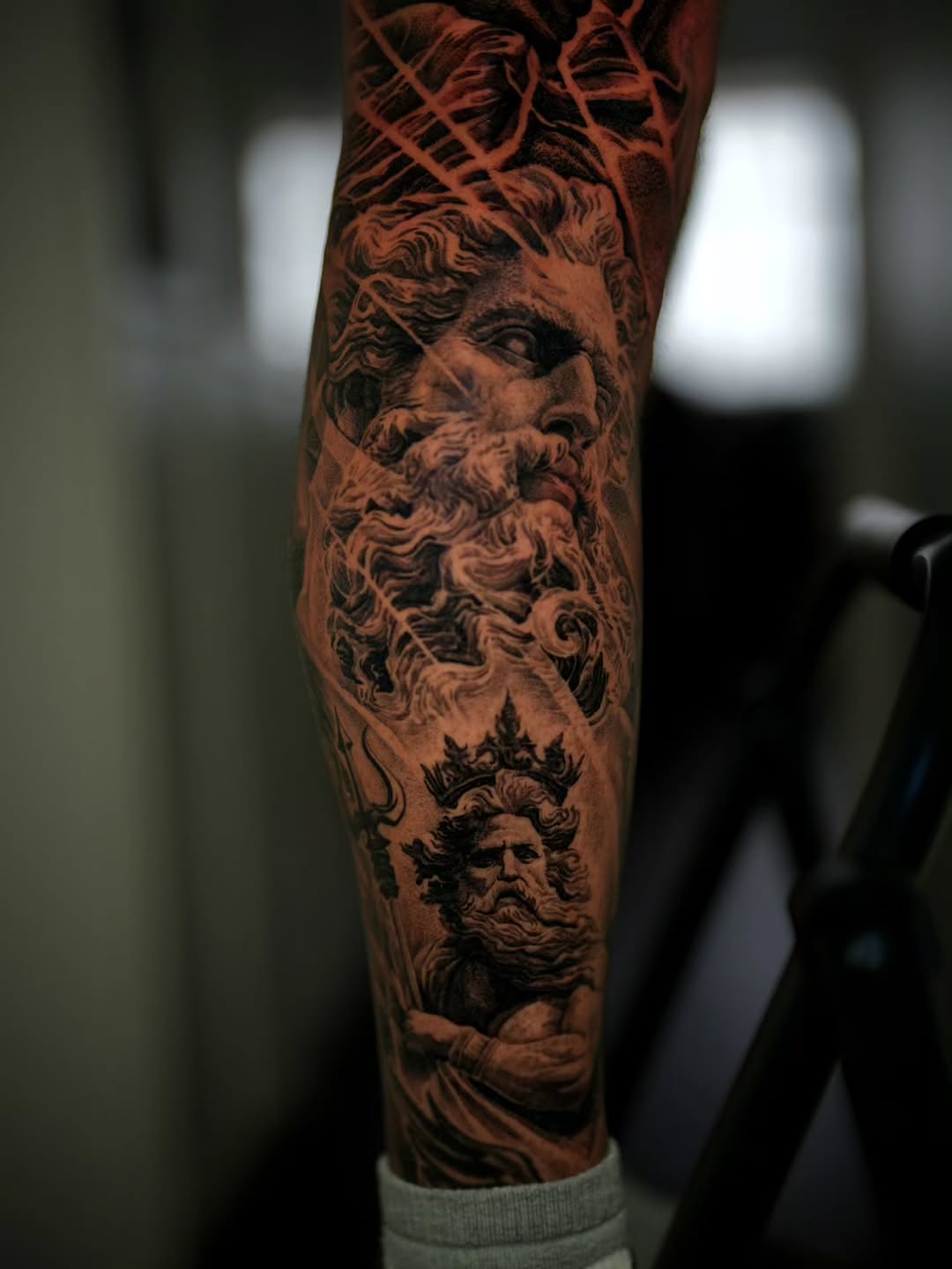 Stoic Poseidon portrait with stormy, swirling sea