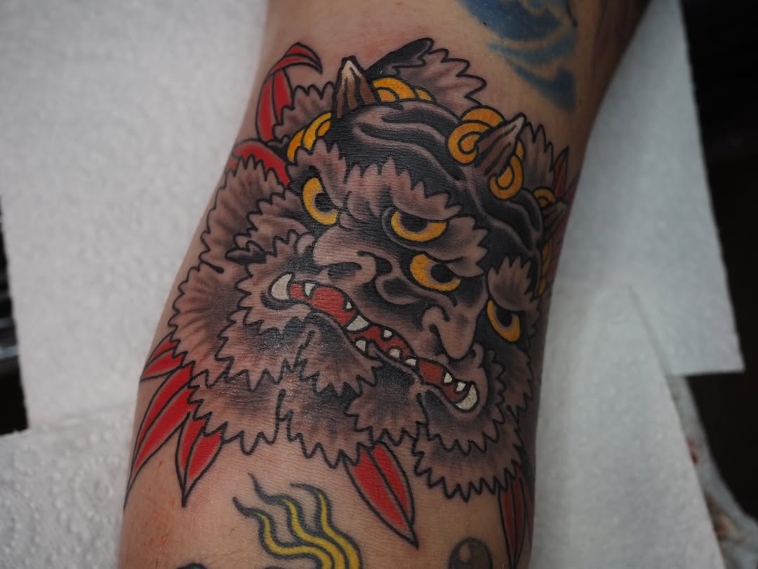 Vicious Japanese-inspired foo-dog with bold outlines and red accents.