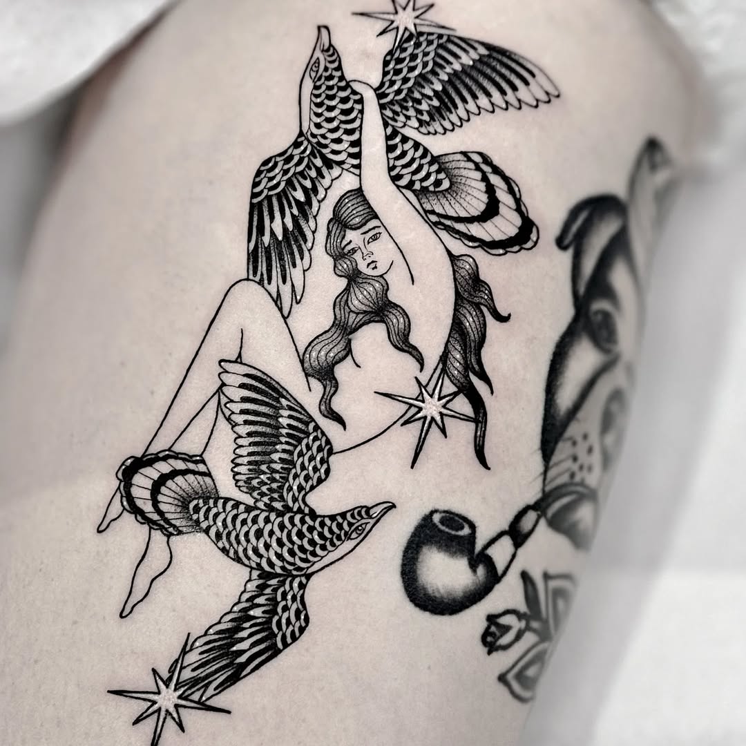 Bold black-line fantasy maiden riding soaring birds