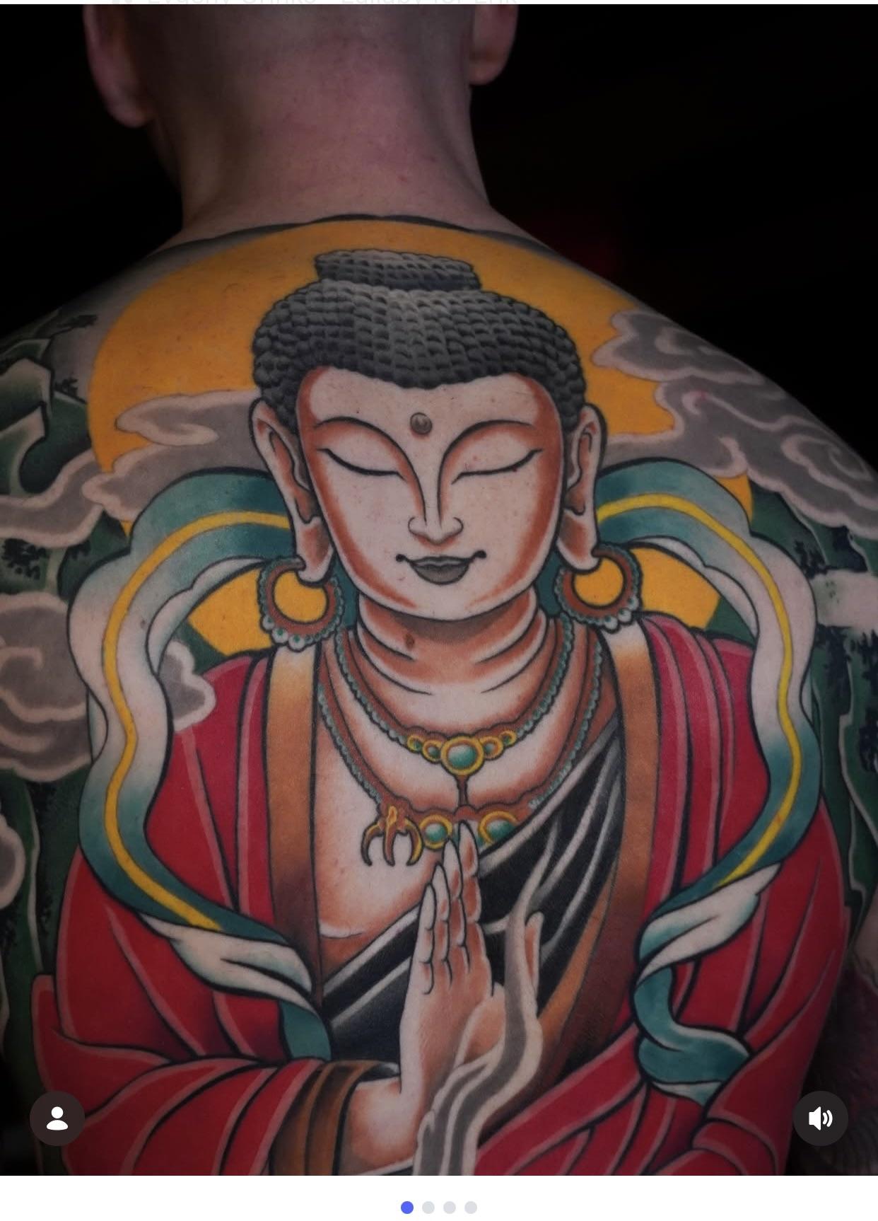 Vibrant Buddha back piece with halo and prayer hands