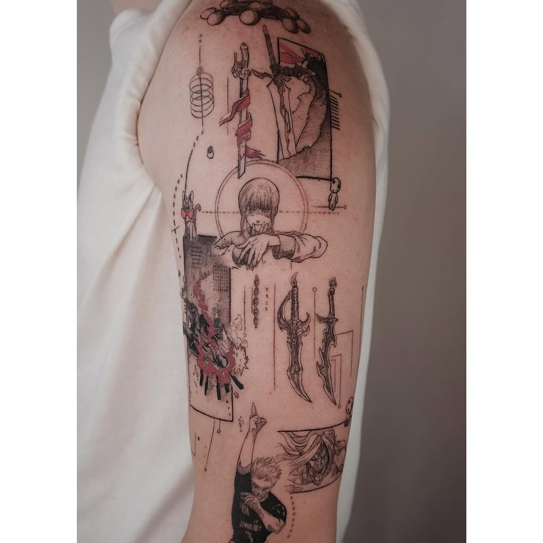 Intricate fine-line manga-inspired sleeve with halo and blades.