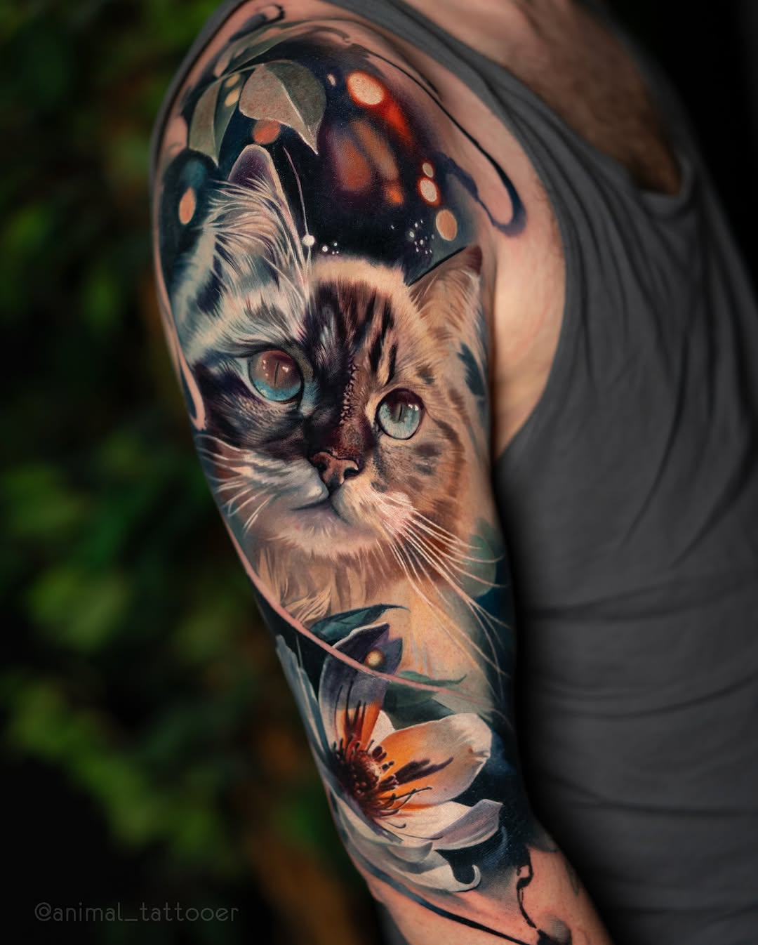 Photorealistic cat portrait with vivid florals and night-sky backdrop