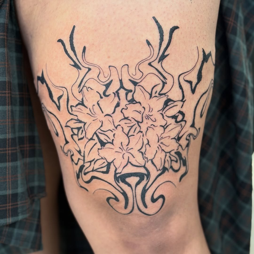 Bold abstract azalea cluster with flame-like outlines.