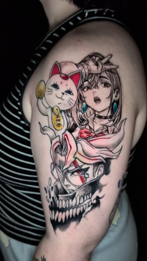 Vibrant neo-Japanese half-sleeve with anime girl, skull and cat