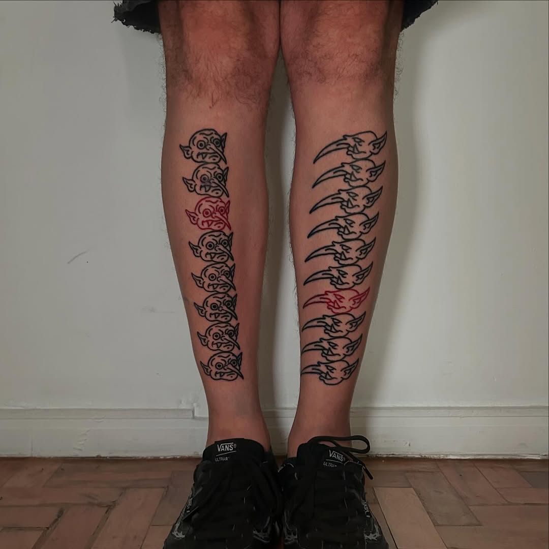 Twin leg goblin rows, bold black outlines, red accents