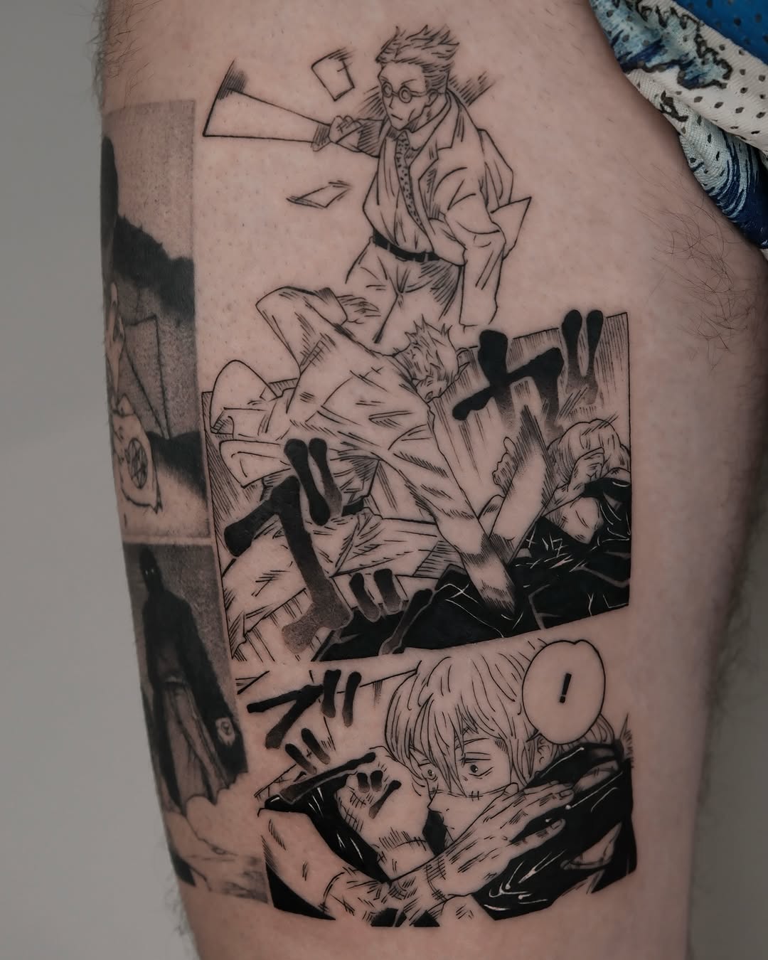 Crisp manga-panel tattoo showing Nanami vs Mahito in action