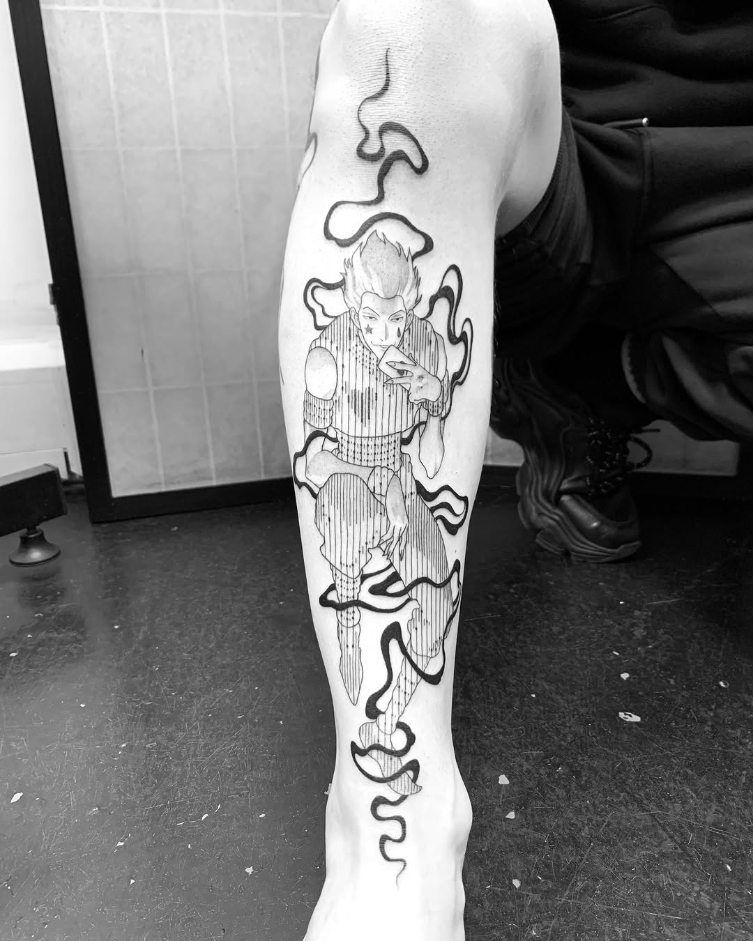 Bold blackline Hisoka portrait with swirling energy ribbons