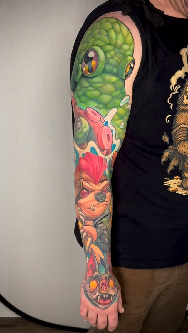 Vibrant neon cartoon-sleeve with bold, playful characters