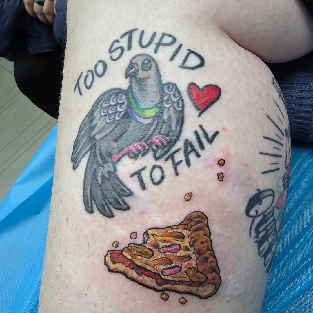Playful pigeon with bold outlines and cheesy pizza slice