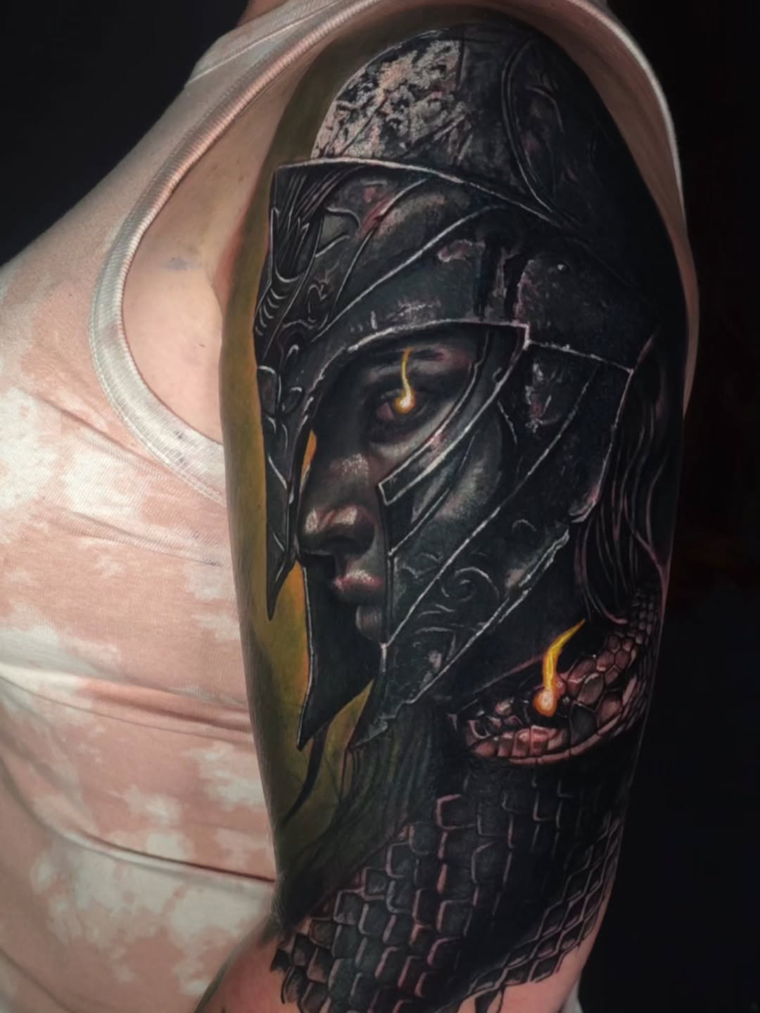 Dark knight helmet with ornate filigree and dragon-scale texture