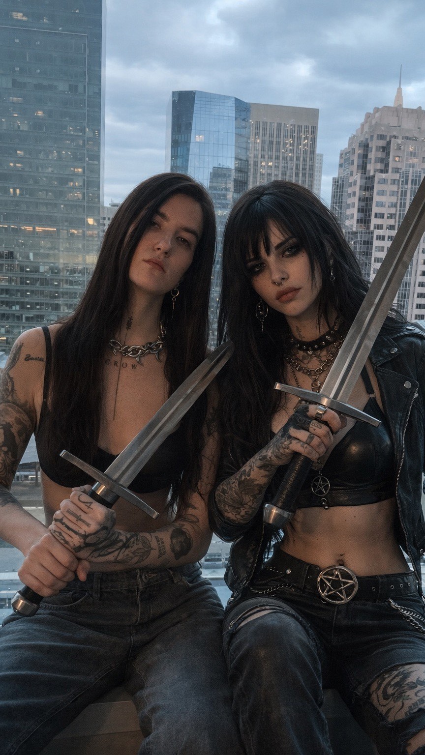 Gothic duo with swords and tattoos against city backdrop