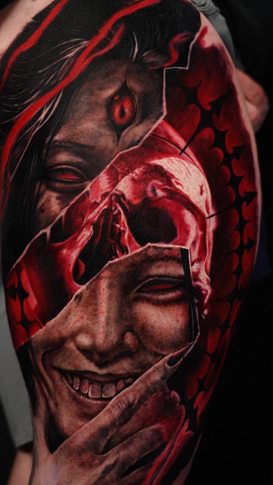 Hyper-realistic dual-portrait with cracked mask and crimson shading