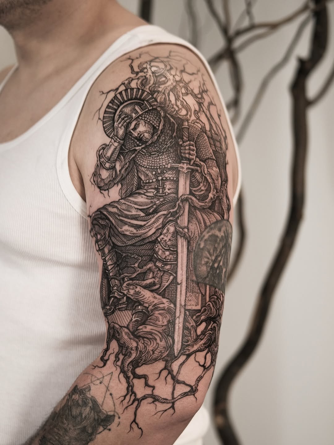 Intricate blackwork knight in armor, sword, shield; stormy energy and roots.