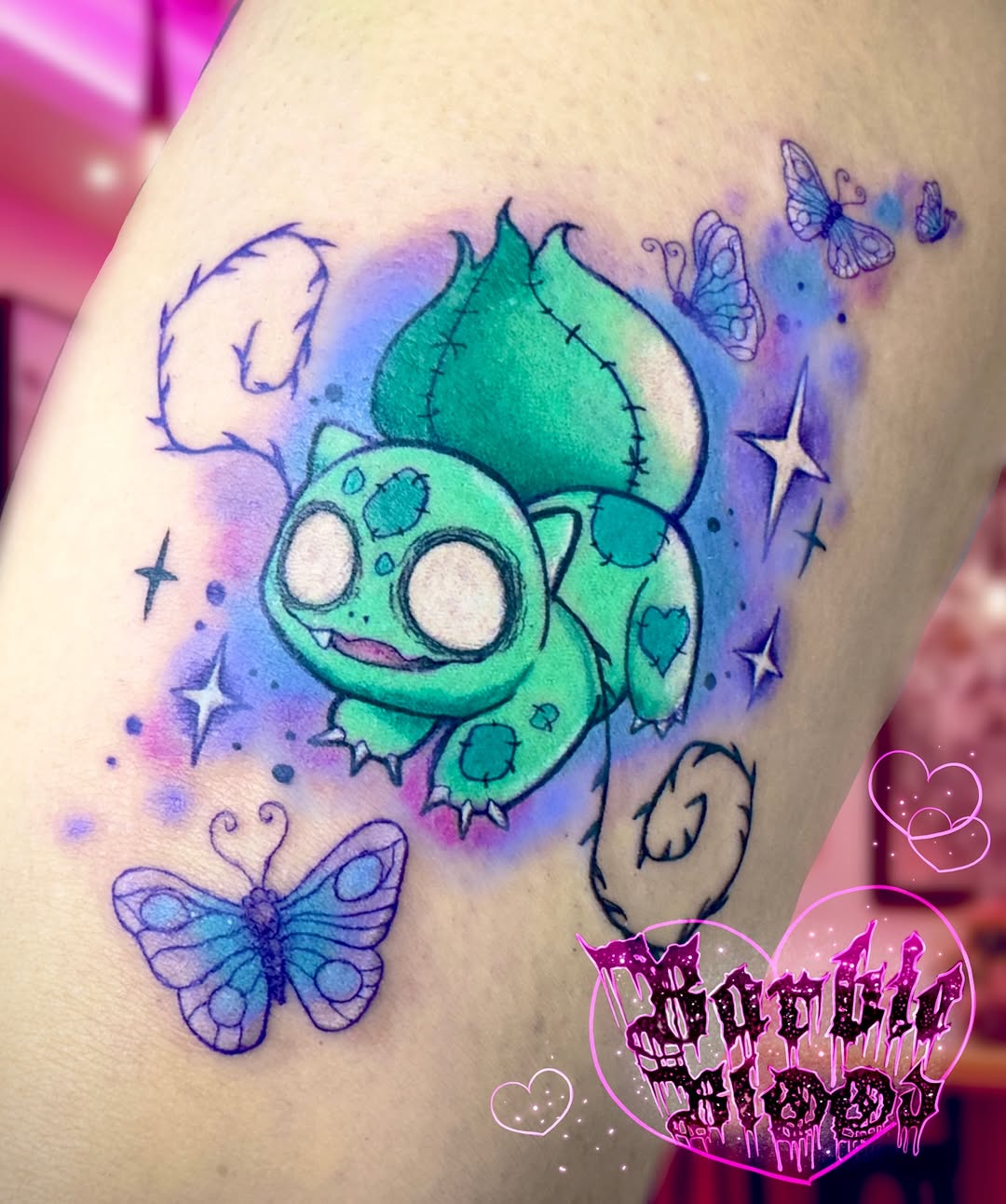 Chibi Bulbasaur-inspired Pokemon with dreamy watercolor glow