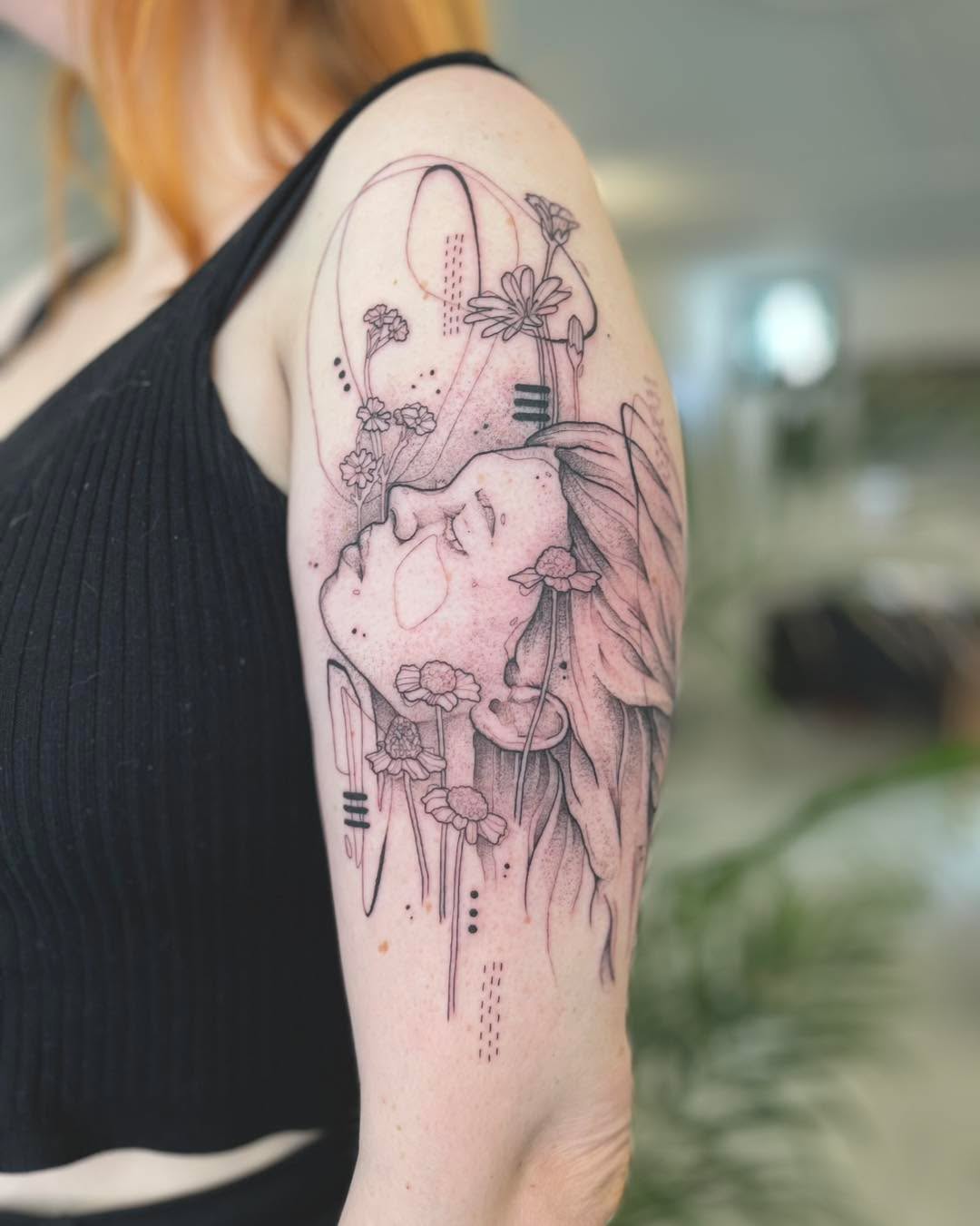 Dreamy botanical portrait sleeve with flowers and face.