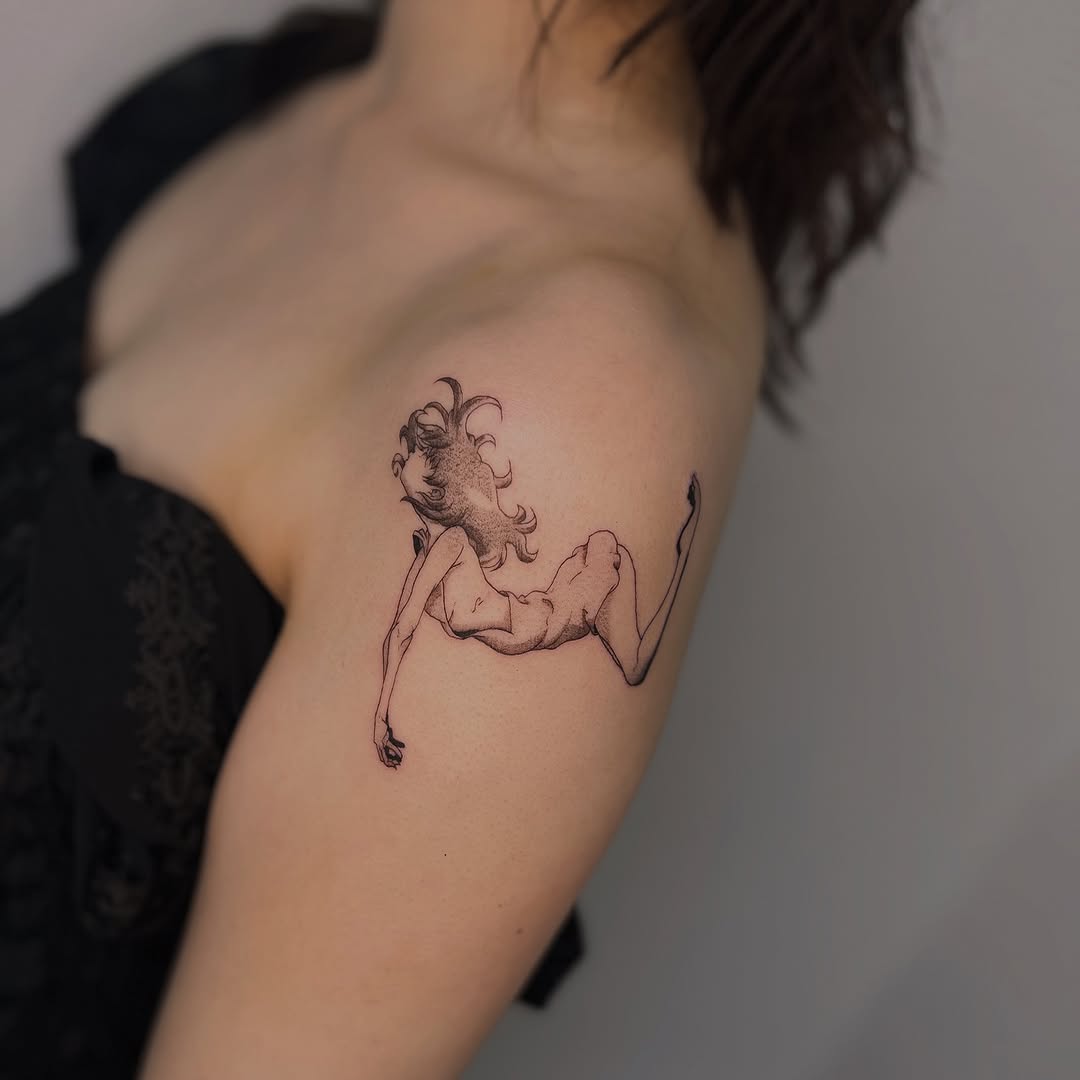 Delicate fine-line nude female figure in dynamic pose.