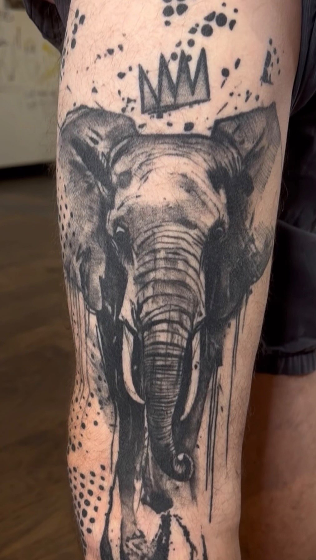 Bold black elephant head with brush-stroke, splattered ink.