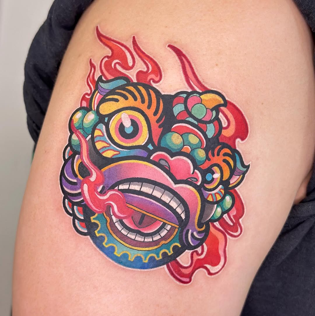 Vibrant neo-traditional lion-dance head with flames.