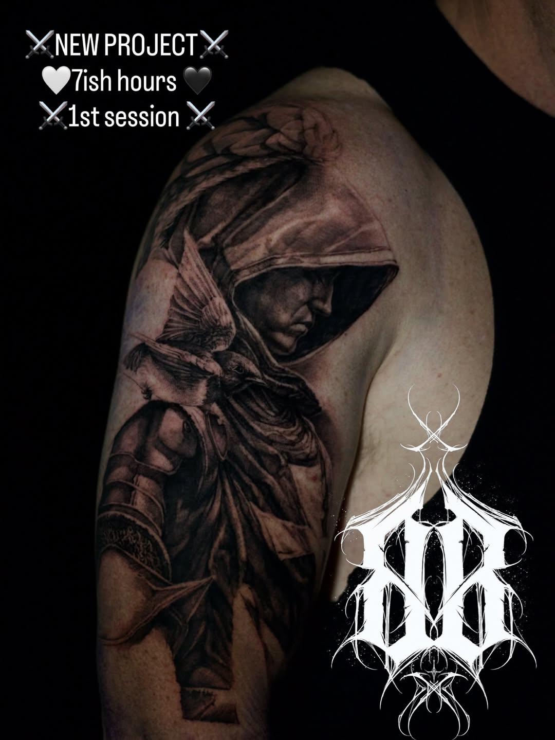 Monastic hooded figure with a perched raven in grayscale realism