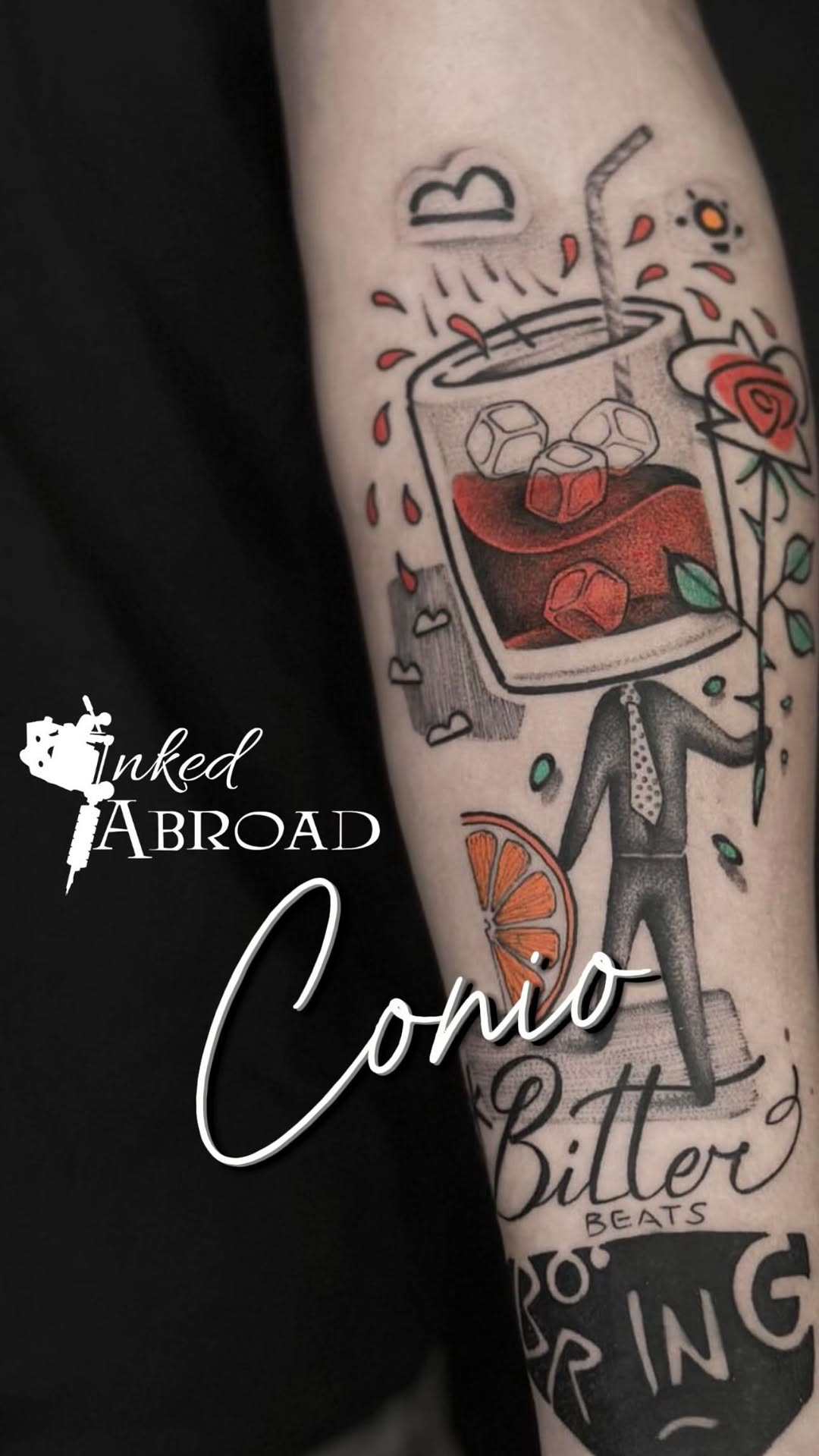 Whimsical surreal cocktail-head figure with rose and citrus.