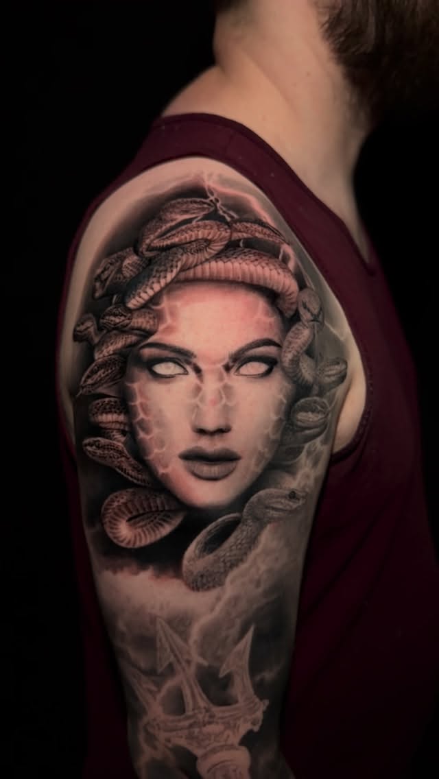 Hyper-detailed Medusa head with coiled snakes, grayscale