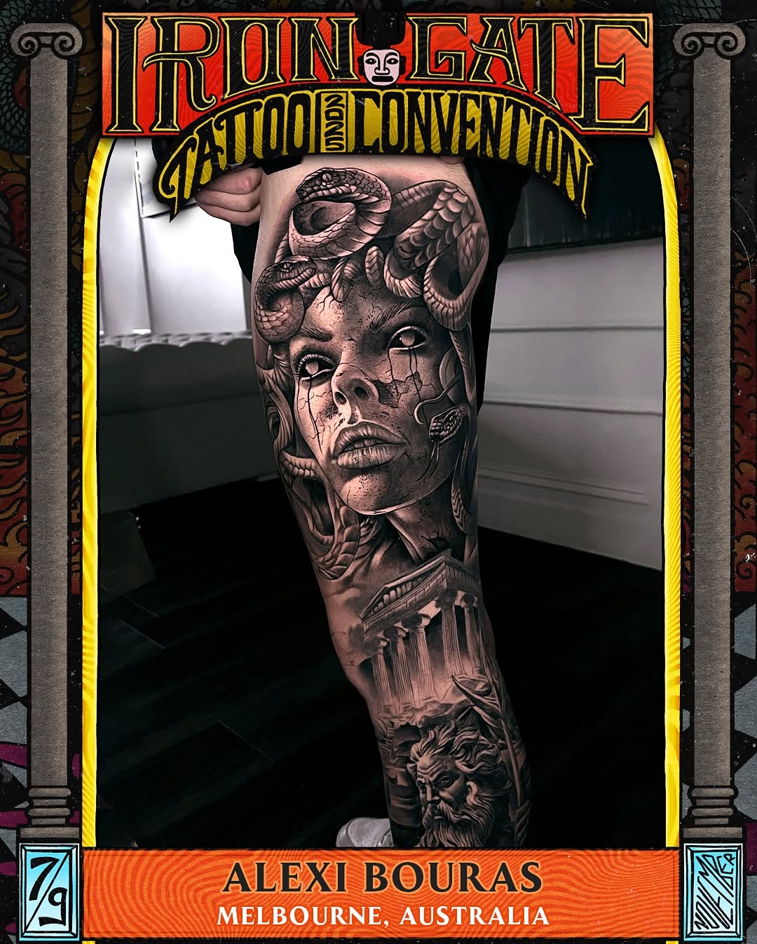 Hyper-detailed grayscale portrait entwined with spiraling snakes.