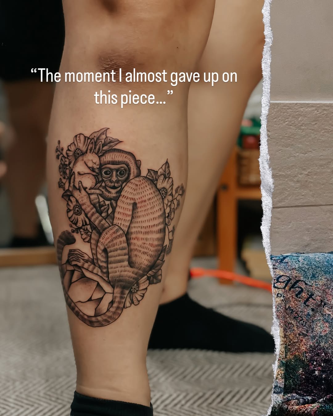 Intricate blackwork lemur with lush floral surround on leg