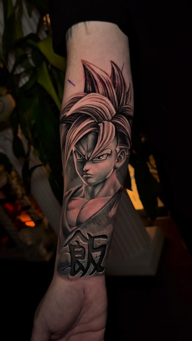 Bold grayscale Goku portrait with dynamic spiky hair