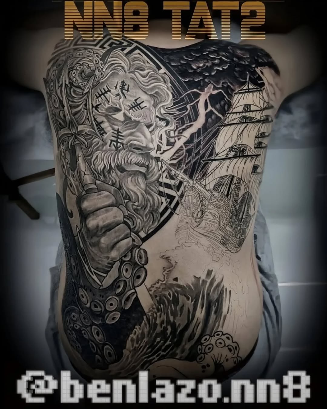 Monumental black-and-gray Poseidon back piece with stormy seas