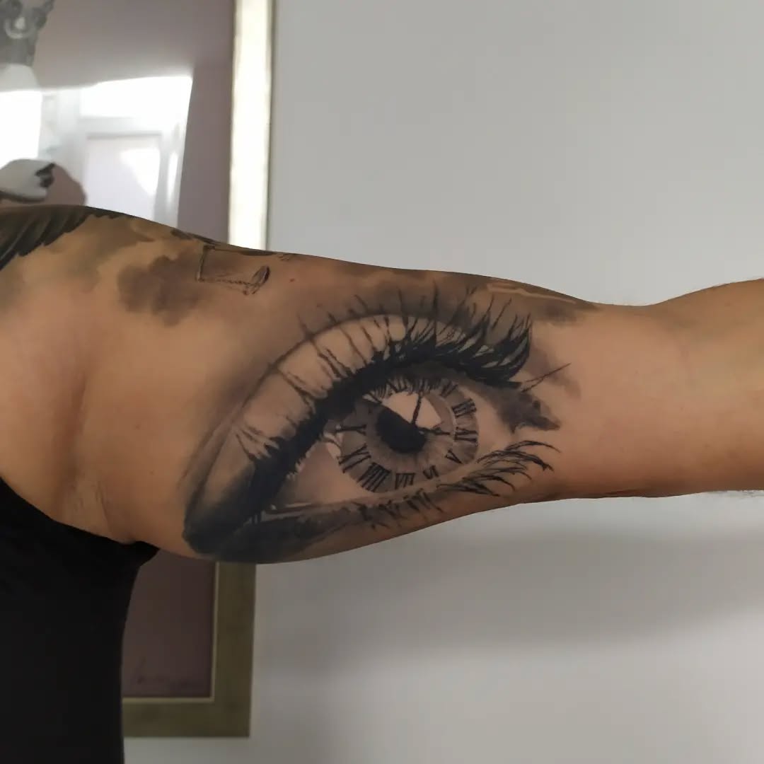 Hyper-realistic grayscale eye with clockwork iris.