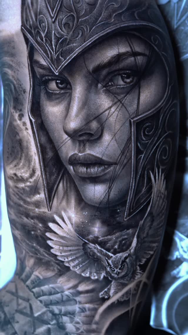 Realistic Athena portrait tattoo