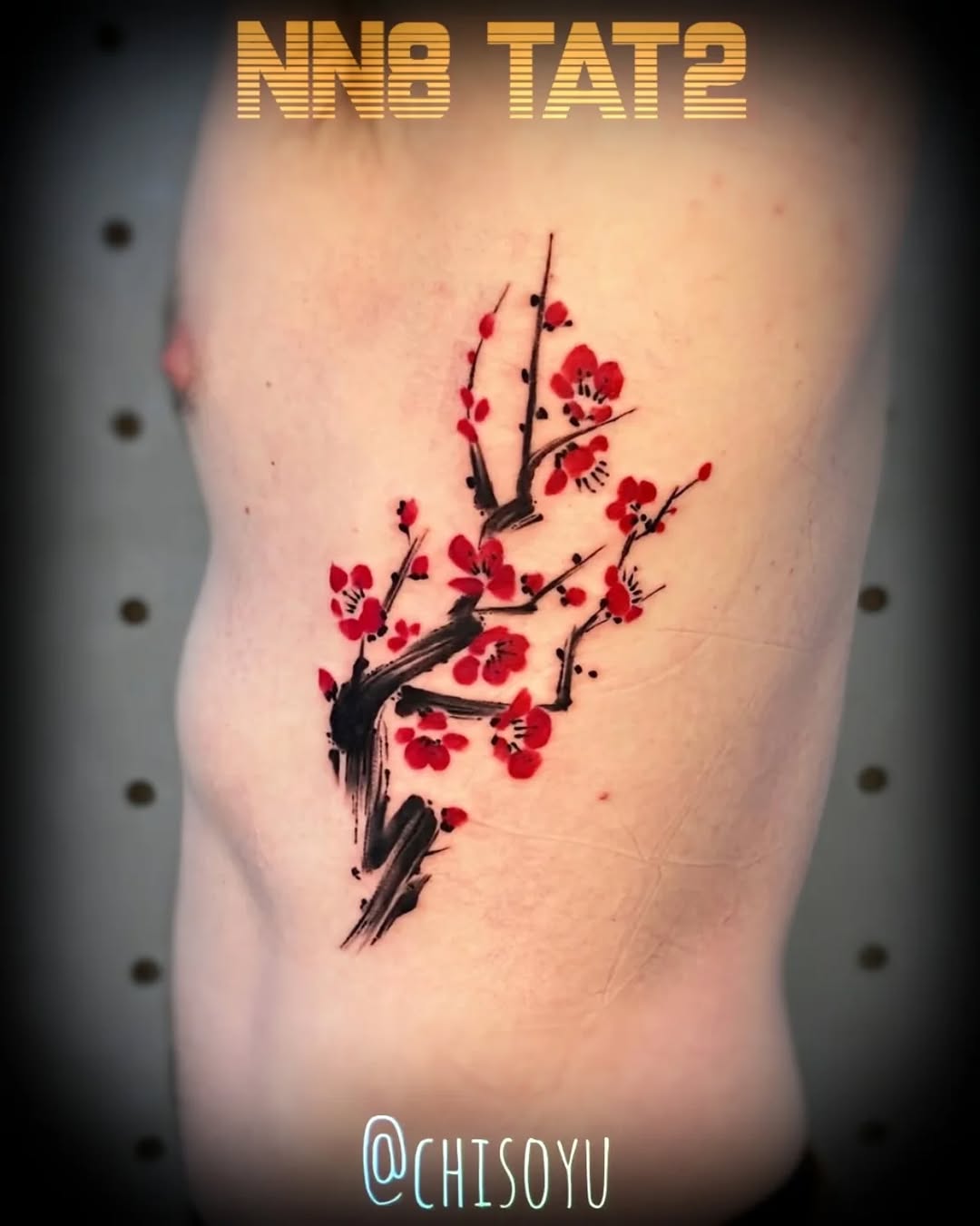 Sumi-e cherry blossoms on a black ink branch, delicate and bold