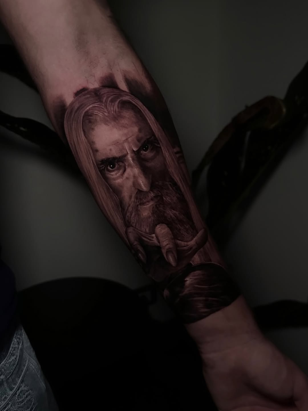 Hyper-realistic grayscale Gandalf portrait with intense gaze