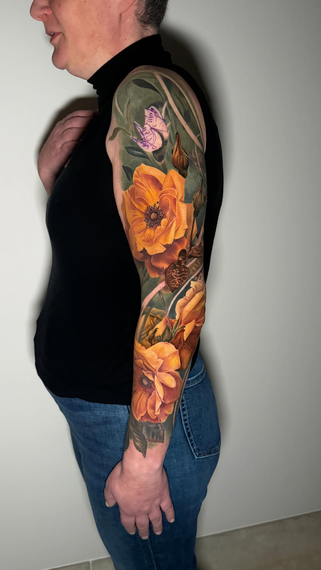 Vibrant color-realism botanical sleeve with orange roses