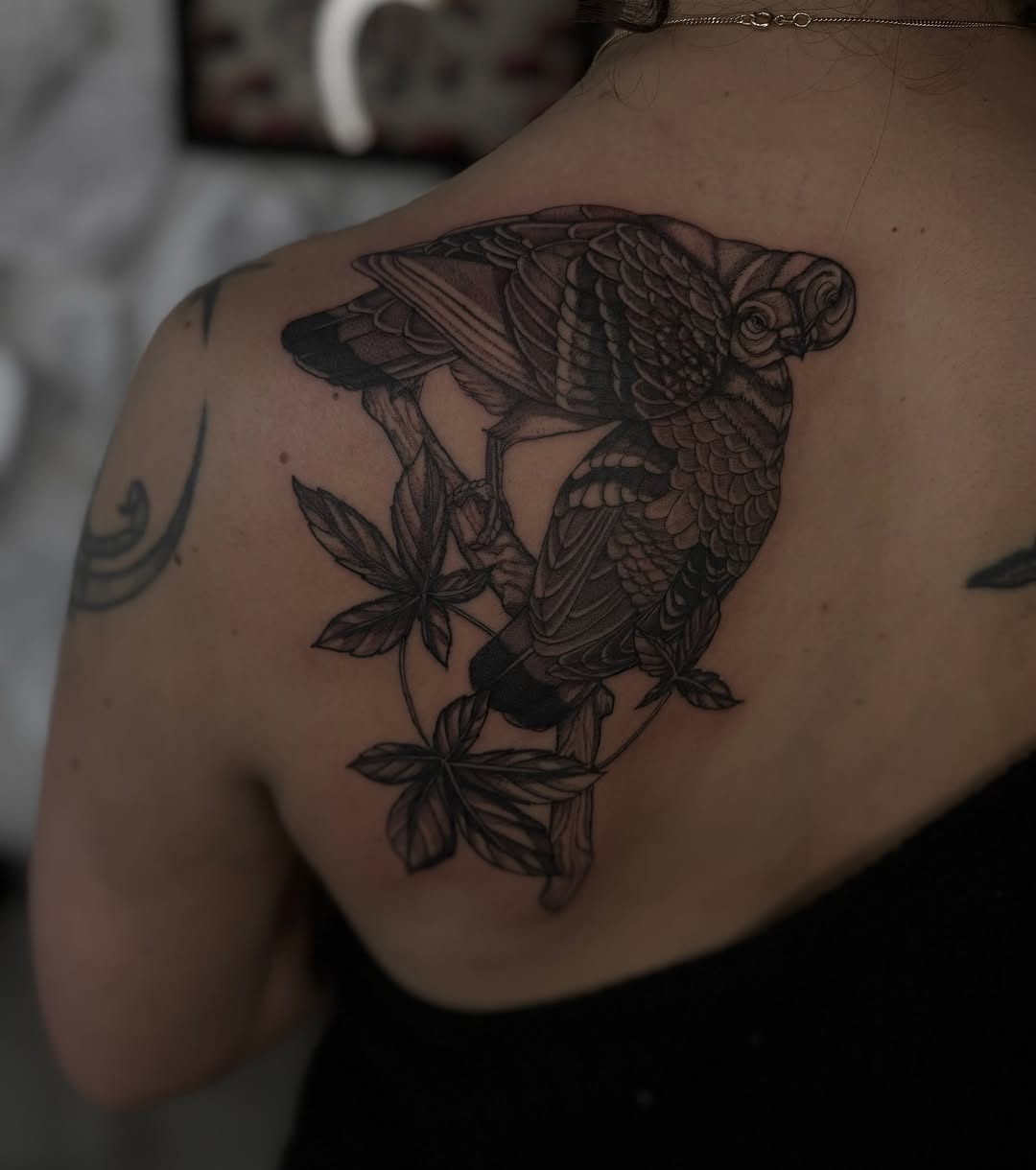 Intricate blackwork bird with bold, layered feather detailing on shoulder blade