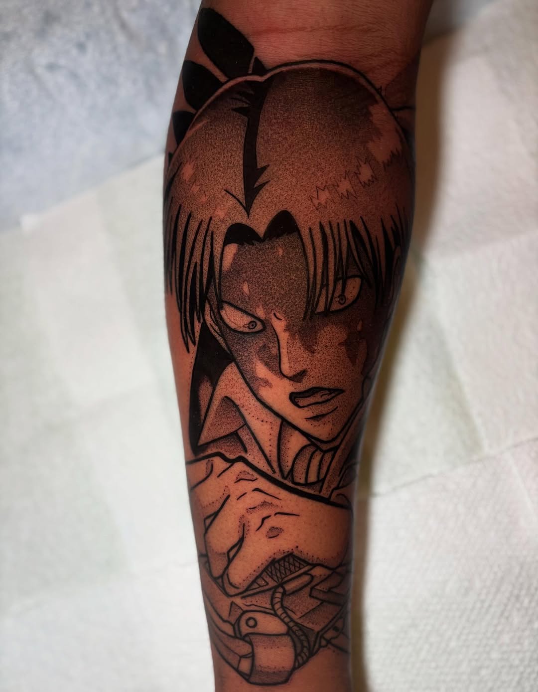 Bold blackwork Levi Ackerman portrait with intense expression