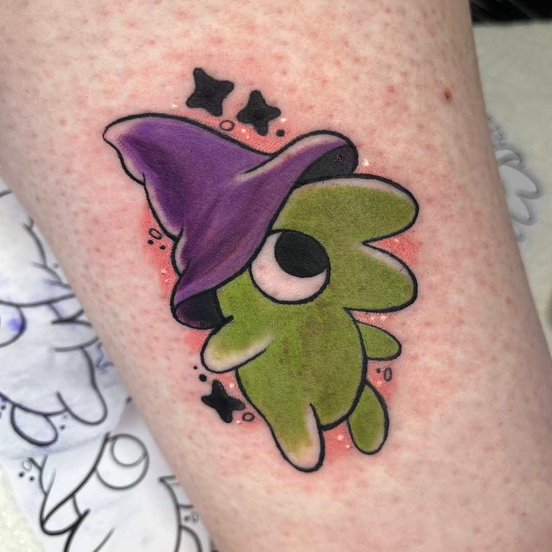 Cute Glep cartoon with bold outlines, lime-green body, purple hat