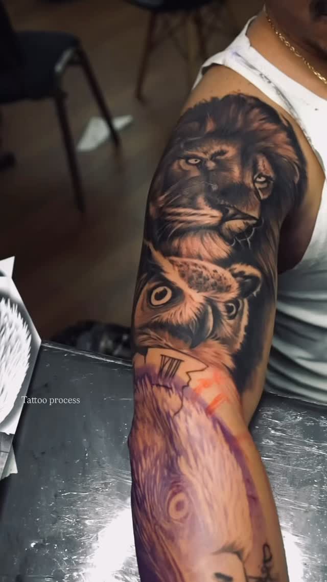 Luminous grayscale wildlife sleeve: lion and owl in realism